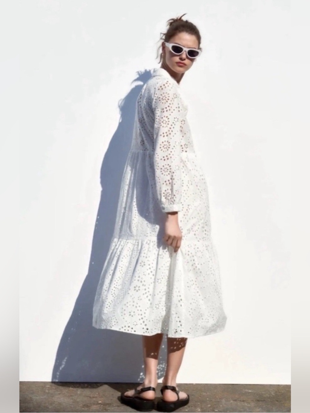 Zara cotton eyelet tiered midi dress lined skirt